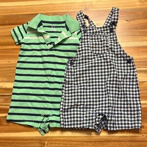 Carter’s 24M Bundle Green/blue Striped Romper Blue Checked Overalls
